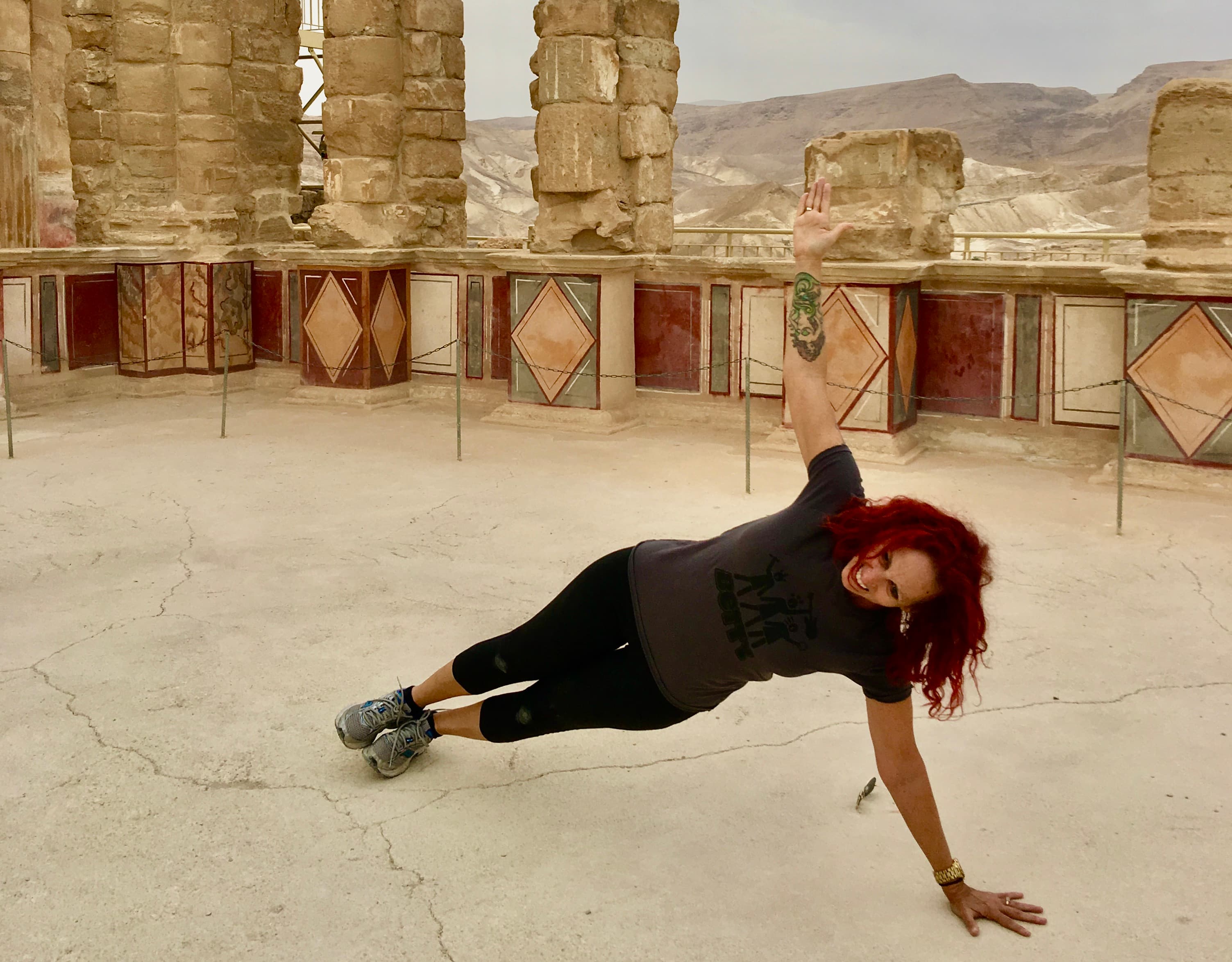 Elizabeth in a side plank at Masada